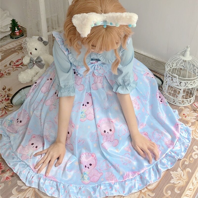 Vestido Lolita para niña, prenda suave sin mangas con tirantes, lazo Kawaii, oso de bebé, princesa JSK, Cosplay, amor, verano, japonés