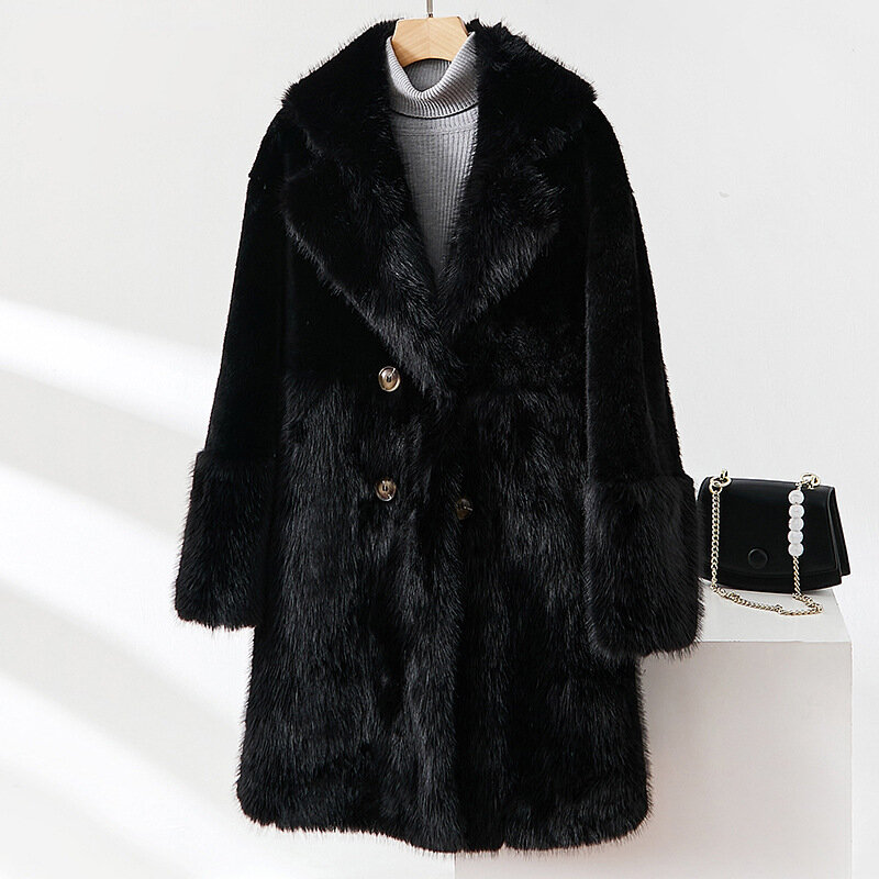 Wysokiej jakości grube ciepłe futro płaszcz długa kurtka kobiet 2023 zimowe futrzane płaszcze eleganckie klapy damskie puszyste Manteau Femme Hiver