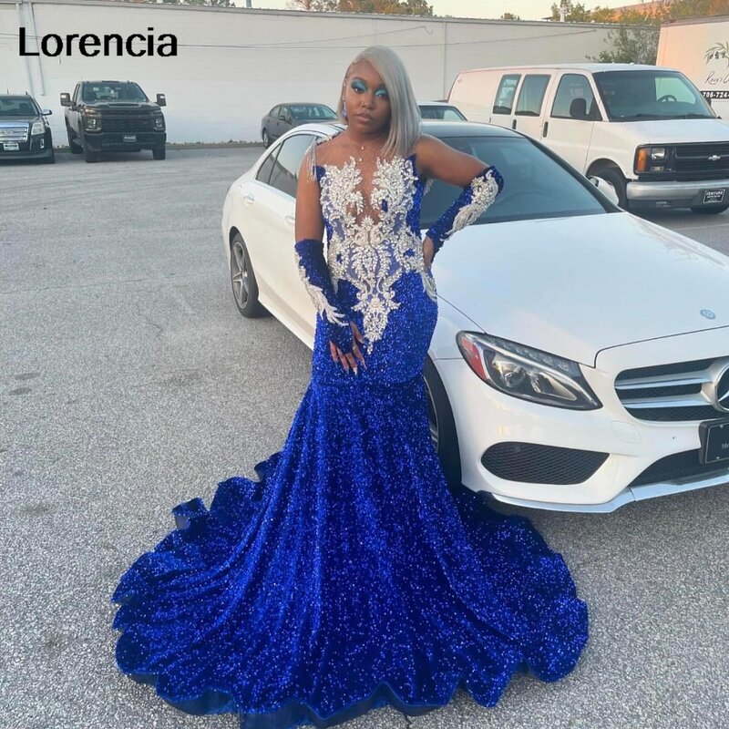 Lorencia Sparkly Royal Blue paillettes Prom Dress Black Girls Silver Crystals strass Beaded Birthday Party Gala Gowns YPD136