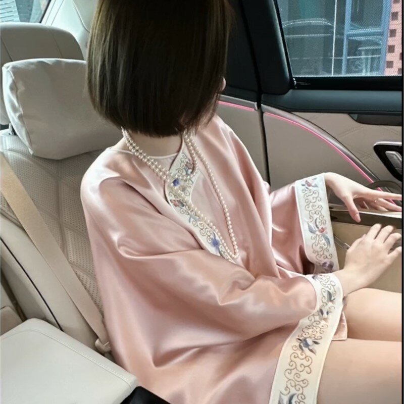 Top feminino acetato chique de cetim, camisa bordada rosa redutora de idade, roupa nova estilo chinês