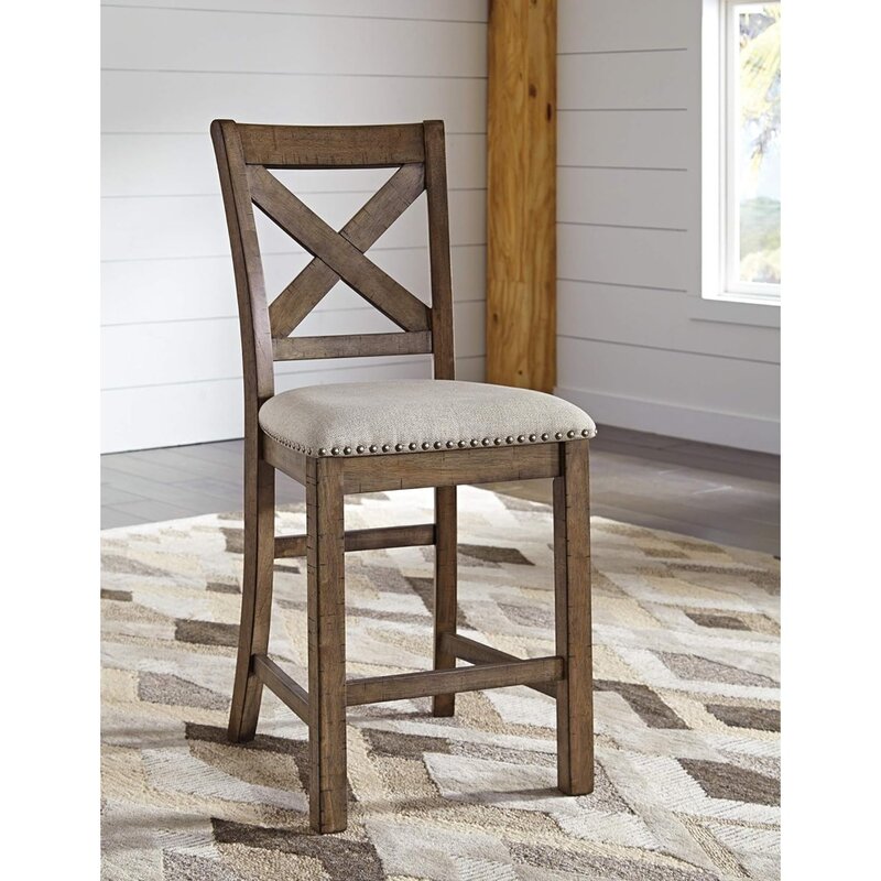 Moriville Rustic Farmhouse 24.5" Upholstered Barstool, 2 Count, Beige & Brown