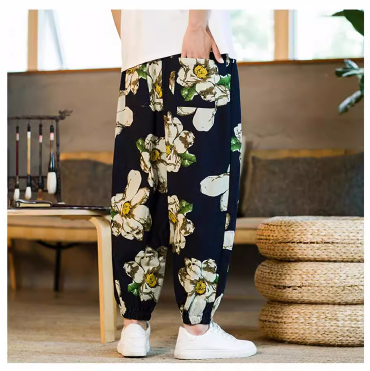 Chinese Style Cotton Linen Casual Pants Fashion Big Flower Print Harem Pants Loose Drawstring Elastic Waist Bloomers