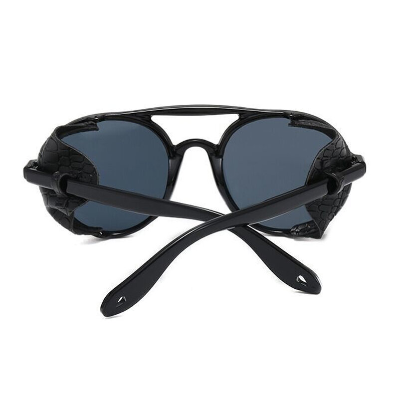 بولي Leather إطار جلد فاسق النظارات الشمسية للرجل 2019 العلامة التجارية الفاخرة الأسود Steampunk امرأة مستديرة خمر برشام زر نظارات شمسية الإناث