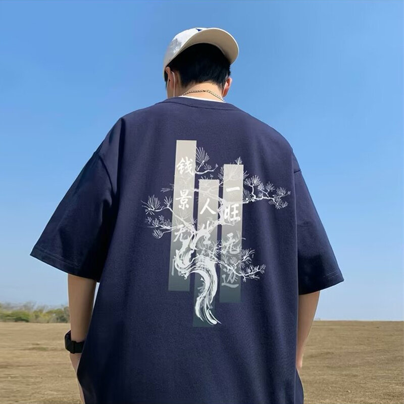 Camisetas masculinas de manga curta estilo chinês, moda algodão Y2K streetwear, camiseta hip-hop, camiseta respirável extragrande