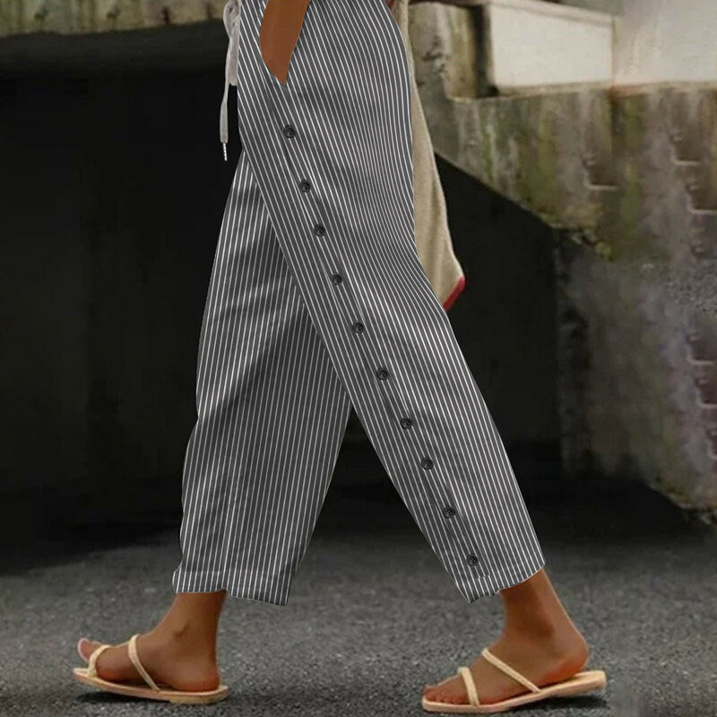 Брюки женские длинные в полоску, дышащие повседневные штаны в стиле Харадзюку, с боковыми пуговицами, в стиле Харадзюку, на лето