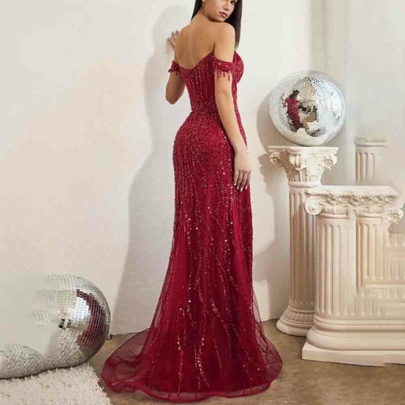 Straight Off Shoulder Sequins Full Length Formal Corset Sweep Train Prom Dresses Homecoming Dresses