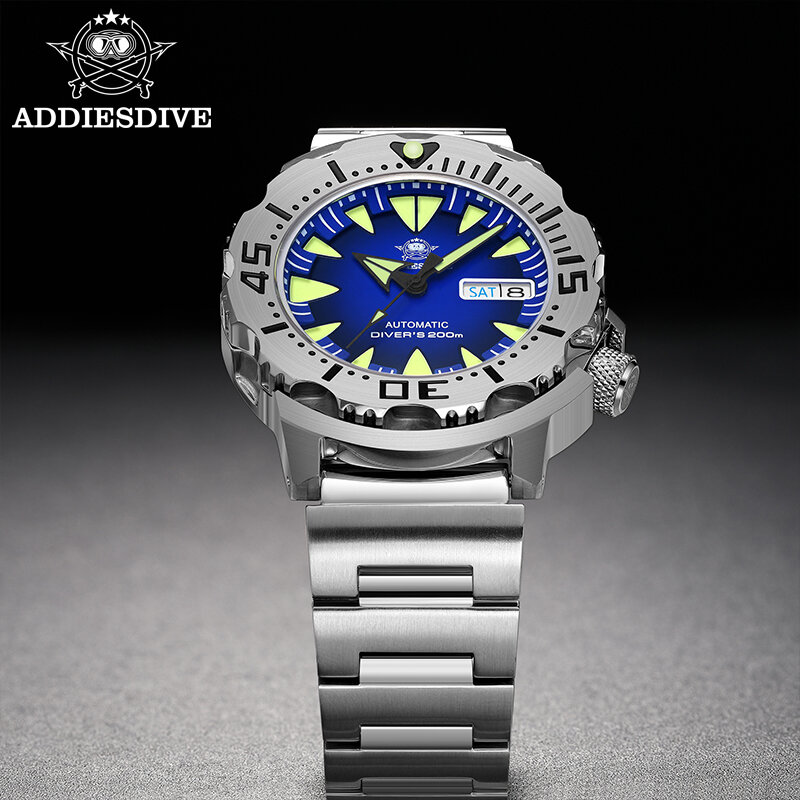 Addiesdive Ad2103 Mannen Monster Horloge Lichtgevende Saffier Glas Blauwe Wijzerplaat Nh36 Diver 316l Rvs Mechanische Horloges