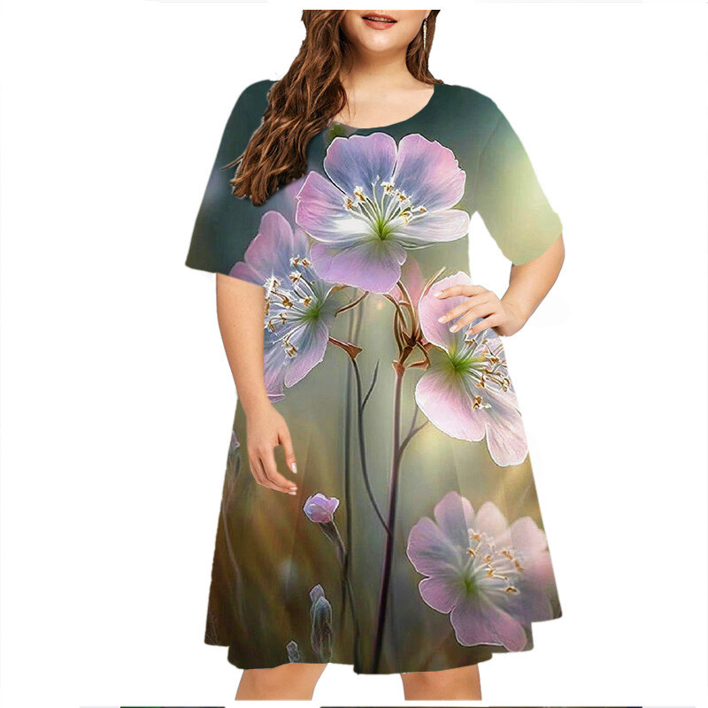 Lotus Leaf Flower Print Dress Women Elegant Summer Beach Style Short Sleeve Dress Loose Plus Size Clothes Casual Female Sundress