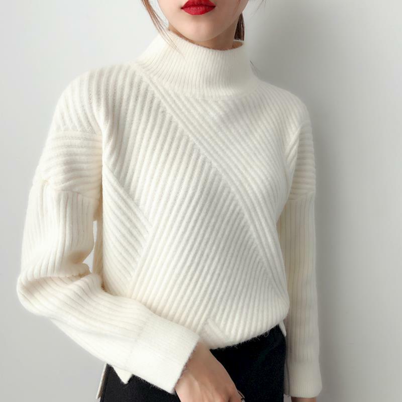 Sweter pulover Wanita leher tinggi setengah baru Atasan Bottoming musim gugur musim dingin tebal kasual Korea pakaian rajut hangat wol tarik wanita