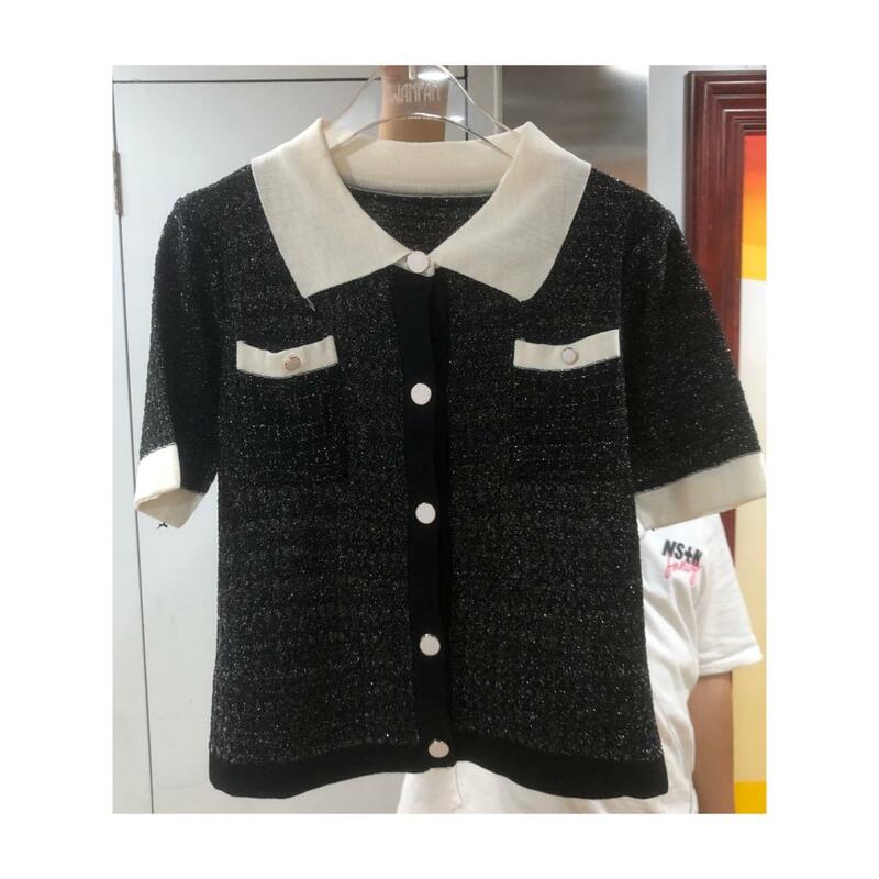 VOLALO-Camisa de manga corta con cuello vuelto para mujer, abrigo fino de punto de seda helada, estilo japonés, verano, 2024