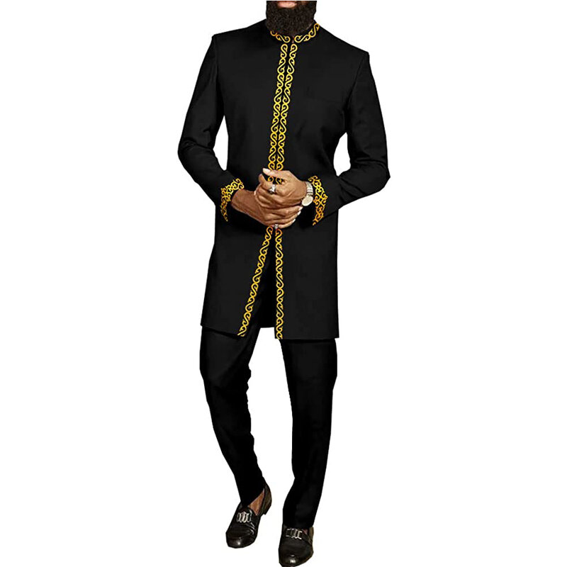 2024 New Men's Suit Top Trousers 2-piece Set Solid Color Round Neck Embroidery Long Sleeve Suit Wedding African Ethnic Style