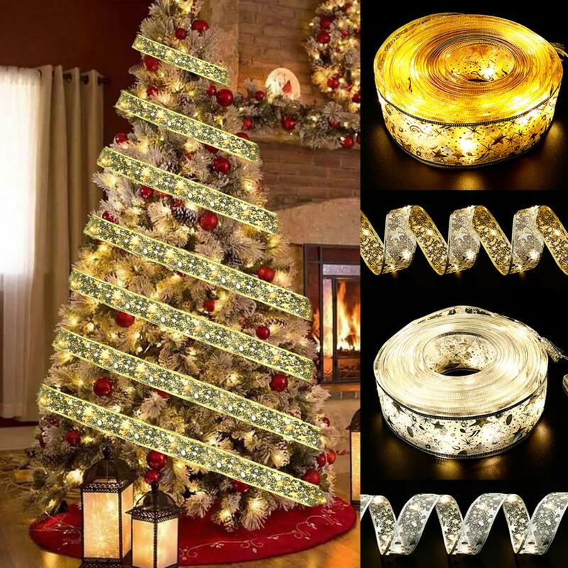 Cinta de luz de hadas de Navidad, lazo decorativo de doble capa para el pelo, para envolver regalos, 2m
