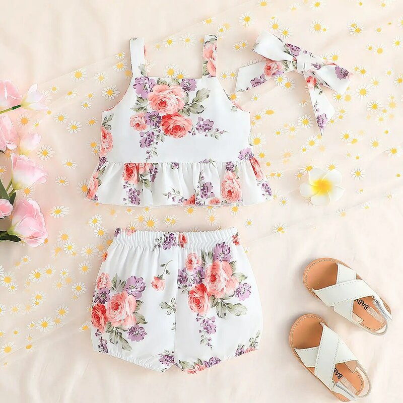 2023 New Baby Clothes Sets Sleeveless O Neck Ruffles Floral White 2 Piece Sets Designer Casual Boys Clothes Sets 0-2T