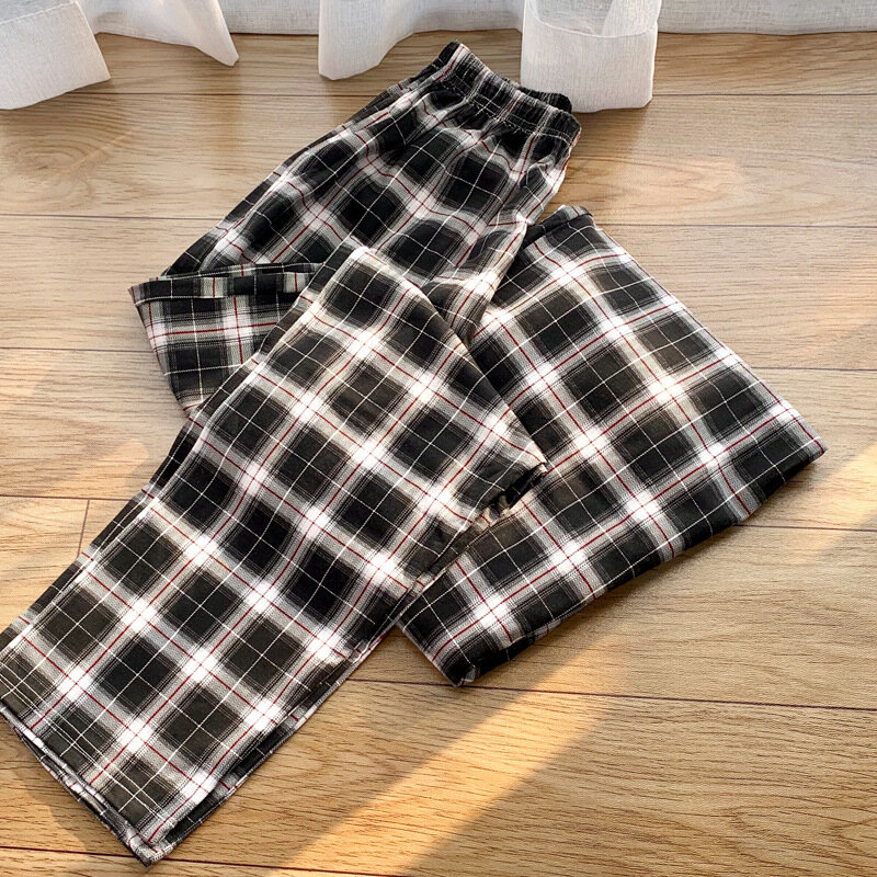 Summer Spring Knitted Cotton Mens Plaid Sleepwear Trousers Loose Soft Long Pants Homewear Breathable Male Lounge Sleep Bottoms