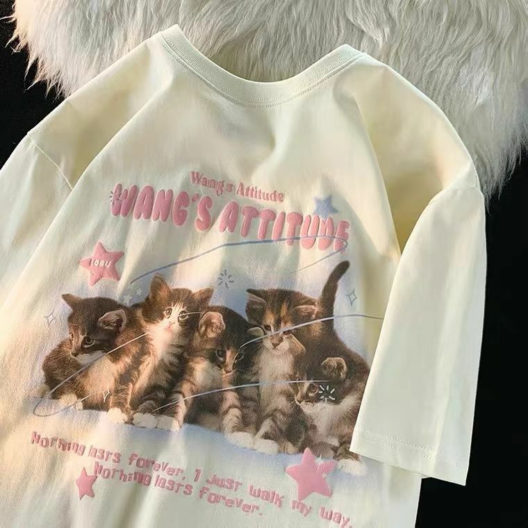 Camiseta de algodón puro para mujer, camiseta de manga corta con Gato bonito, camiseta retro japonesa de media manga para estudiante, camiseta ins y2k 2023