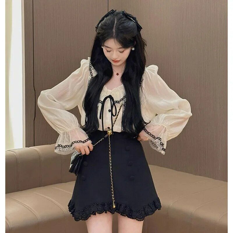 Sweet Fashion Lace Up Top Skirt Two-piece Set Women Flounce Lace Splice Print College Korean Gentle Summer Chic Lady Slim Suit