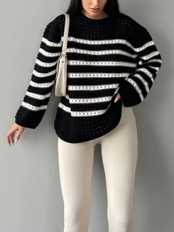 Suéter listrado vintage feminino, na moda elegante, pulôver oco de malha, pulôver feminino casual solto manga longa, outono, inverno