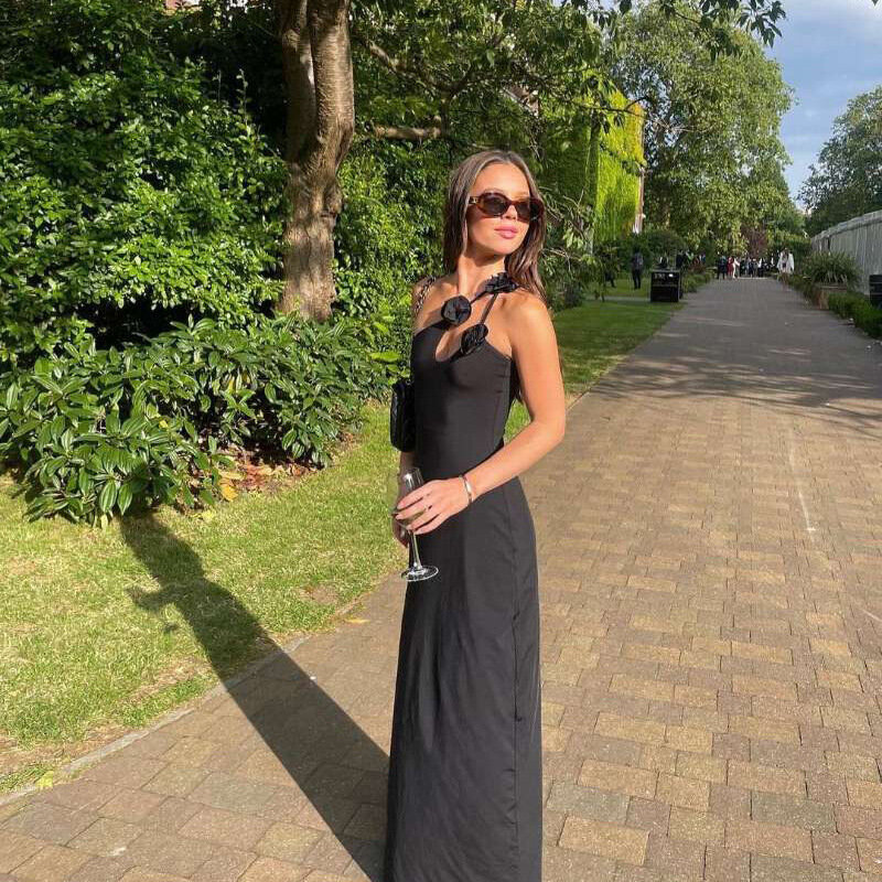 Gaun Prom wanita hitam tanpa lengan tali seksi ketat musim panas ramping satu bahu gaun pesta jubah rok bunga 3D stok tersedia