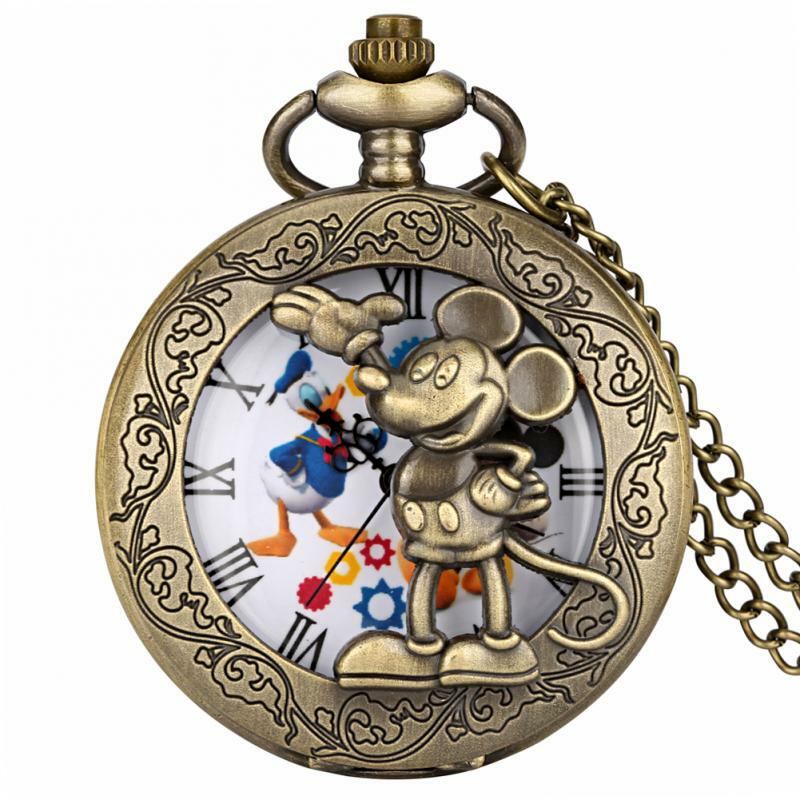 Bronze oco anime relógio dos desenhos animados relógio de bolso de quartzo pingente fob relógio antigo com 80cm colar/30cm cintura gancho corrente