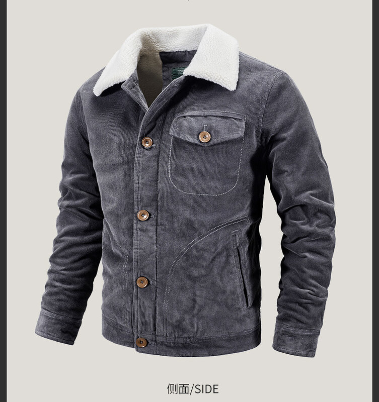 Jaqueta de veludo vintage masculina, forrado com lã de cordeiro espessa, casaco quente à prova de vento, roupa de marca, caminhada inverno