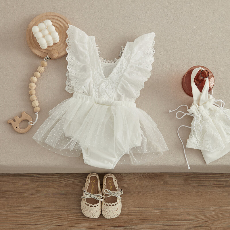 Детский комбинезон с кружевом VISgogo, сетчатая многослойная юбка с круглым вырезом и рукавами-фонариками для новорожденных принцесс, одежда для дня рождения