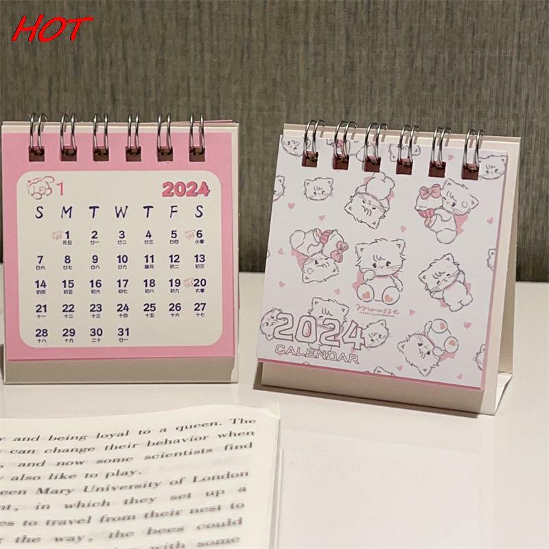 Настольный календарь с мультяшным розовым котом, настольный мини-календарь с откидной крышкой, маленький ежедневный план, ежемесячный календарь для дома, 2024
