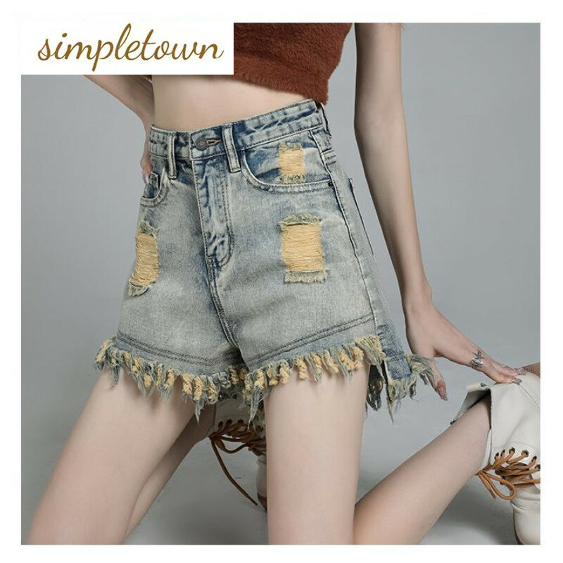 2023 New Vintage Wash Blue High Waist Denim Shorts Spicy Girl with Worn and Worn Ragged Edges Trend Light Blue A-line Hot Pants
