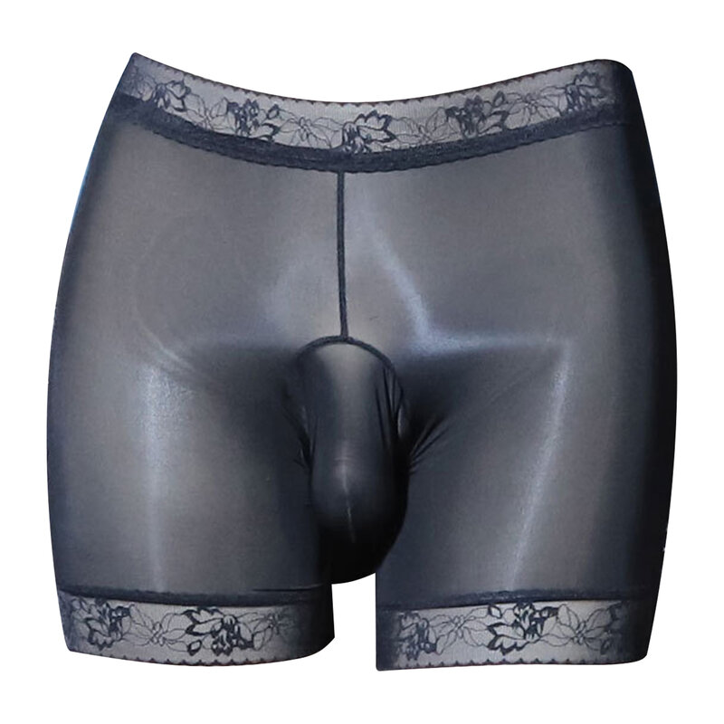 Celana dalam Boxer seksi transparan pria Gay celana Boxer berkilau celana pendek pakaian dalam celana crossress Pouch berenda elastis