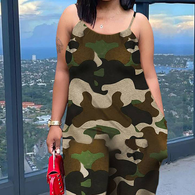 Plus Size Army Green Daily Leopard Print Jumpsuits