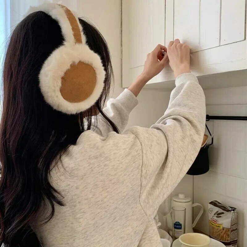 Fashion Foldable Ear Muffs Women Winter Thicken Fluffy Plush Colorblocking Outdoor Windproof Ear Protection Riding Ear Warmer