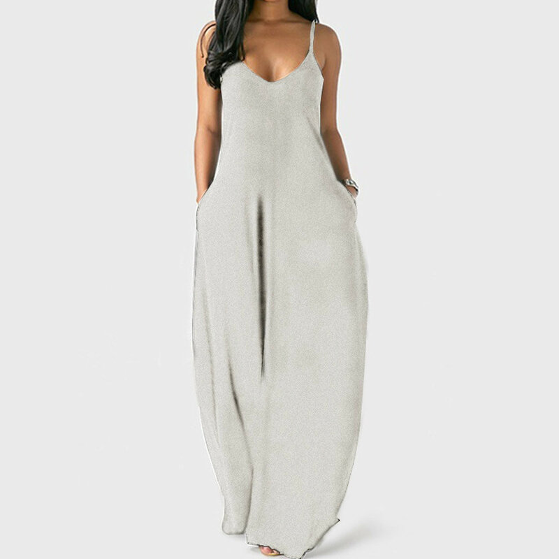 Modna damska sukienka bez rękawów Plus rozmiar solidny dekolt w szpic z kieszeniami na ramionkach 2024 letnia seksowna luźna swobodne sukienki