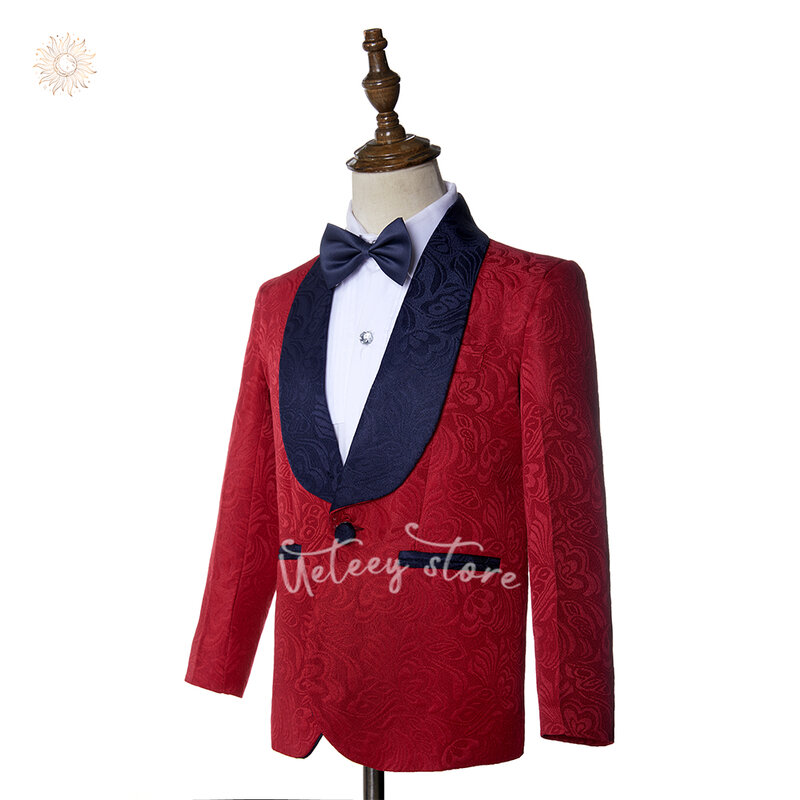 Setelan tuksedo Formal anak laki-laki, setelan jas Formal klasik Jacquard Slim Fit 2 buah, jaket celana untuk pesta pernikahan 2024