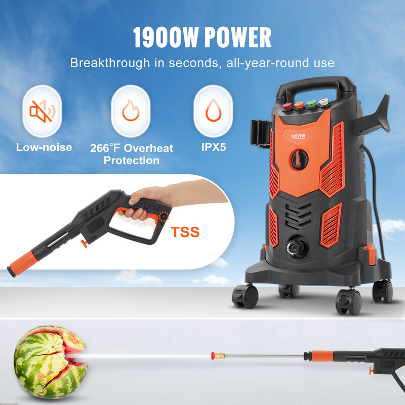VEVOR Electric Pressure Washer Power Washer Quick Connect Nozzles Foam Cannon Retractable Handle for Portable to Clean Patios