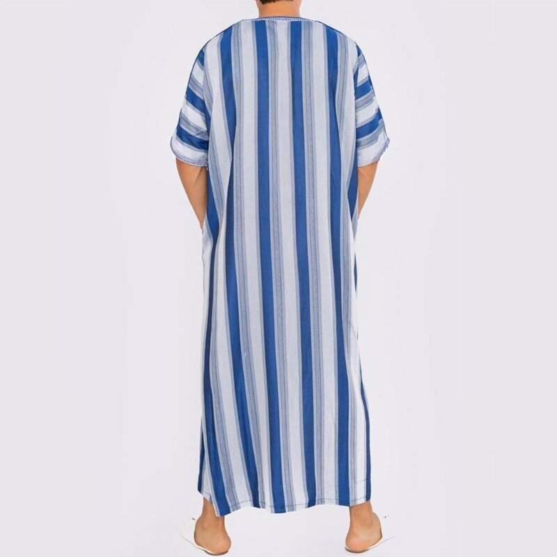 Men Short Sleeve Striped Robe Muslim Dress Middle East Jubba Thobe Saudi Arab Kaftan Caftans Traditional Muslim Clothing
