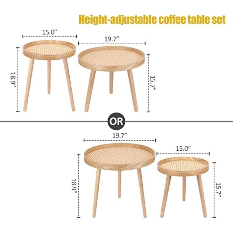 ชุดโต๊ะกาแฟทรงกลม2ชิ้นโต๊ะกาแฟสไตล์โบโฮธรรมชาติโต๊ะกาแฟหวายทันสมัยขนาดเล็กกลางศตวรรษโต๊ะข้างโต๊ะ