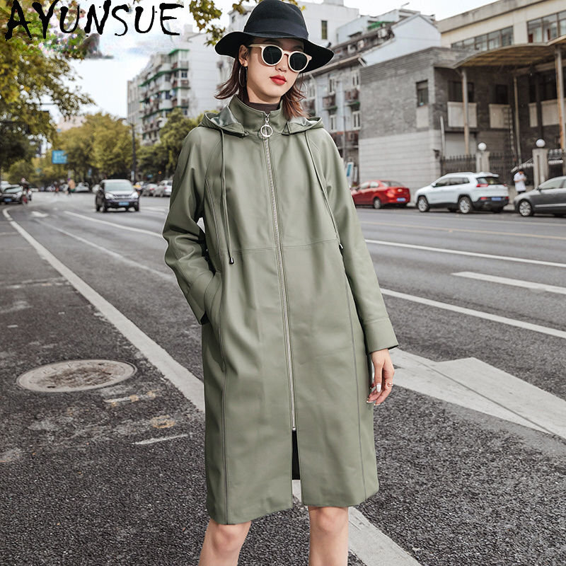 AYUNSUE 여성용 진짜 가죽 재킷, 후드 캐주얼 가죽 재킷, 진짜 양가죽 코트, 바람막이 SGG, 2023 가을 겨울