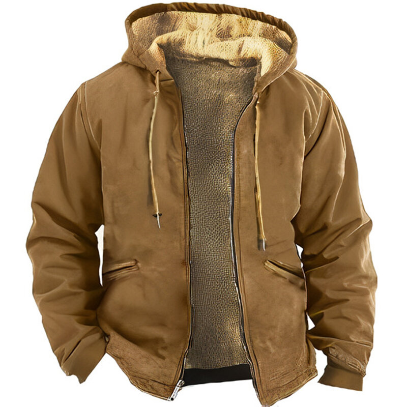 Зимние флисовые толстовки на молнии для мужчин, винтажные однотонные куртки с капюшоном и принтом, уличная верхняя одежда, пальто с капюшоном на молнии