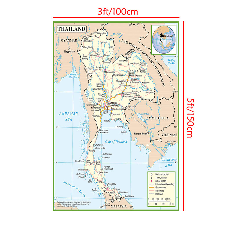 100 * 150 cm Mapa Tajlandii Dekoracyjny plakat ścienny Włóknina Płótno Malarstwo Art Print Pokój dzienny Wystrój domu Przybory szkolne