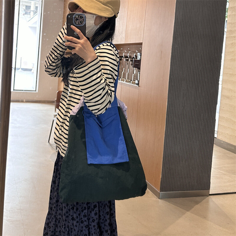 Bolso grande de retazos para mujer, bolsa de hombro con cordón, bolsos de diseñador de moda para mujer, bolsos de compras ecológicos de nailon