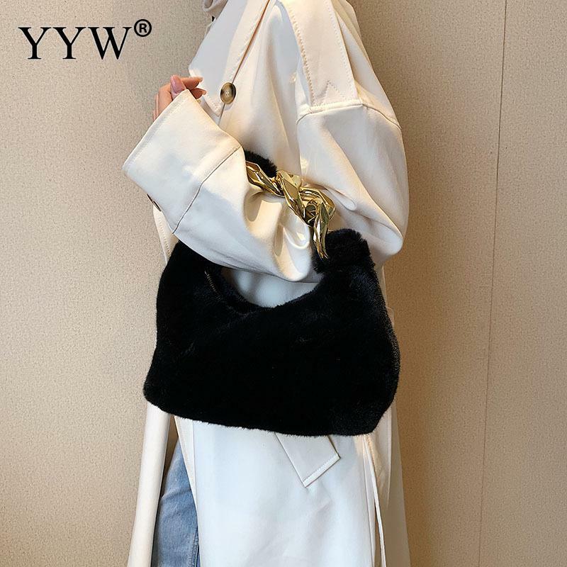 Luxury Faux Fur Fashion Tote Bag Women Handbags 2023 Designer Lady Acrylic Chain Soft Plush Shoulder Bag Warm Winter Sac Purses