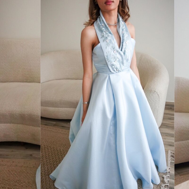 Prom Dress Evening   Saudi Arabia Charmeuse Embroidery Party A-line Halter Bespoke Occasion Gown Long es