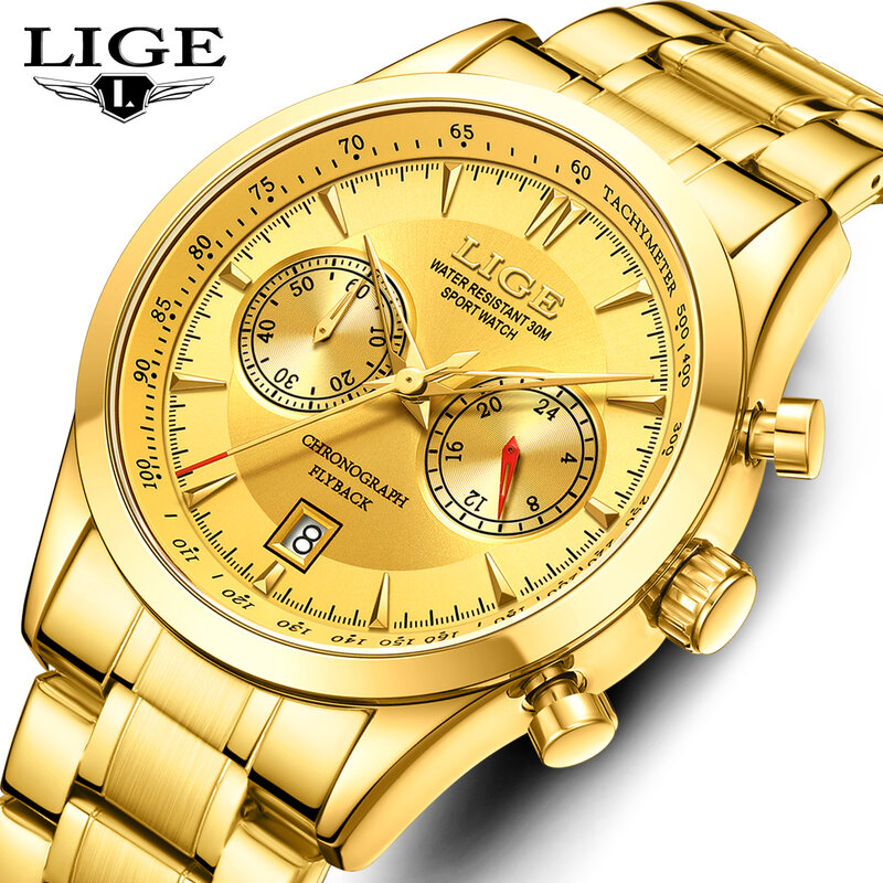 Lige-男性用ステンレススチールクォーツ腕時計、ビッグスポーツウォッチ、防水、発光クロノグラフ、ファッション