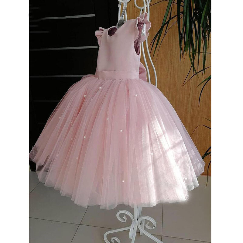 Элегантные Короткие Розовые платья для маленьких девочек с цветами, фатиновое платье принцессы на день рождения без рукавов с бантом и жемчужинами, платье для свадебной вечеринки для детей, малышей