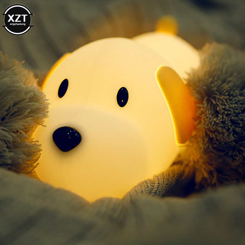Silicone Dog LED Night Light com Sensor de Toque, USB Recarregável, Bedside Puppy Lamp, 2 Cores, Timer Regulável, Crianças, Brinquedo do bebê, Presente