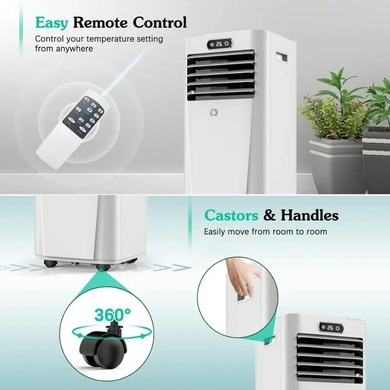 Condicionador de ar portátil com desumidificador, ventilador, modos legais, 3 em 1, unidade de CA para salas de até 350 pés quadrados, 8000 BTU