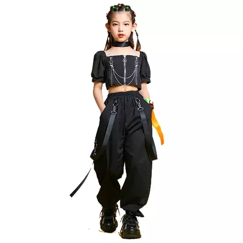 Kids Punk Hip Hop Clothing Square Neck Puff Sleeve Crop T Shirt Pleated Mesh Skirt Pant For Girls Jazz Dance Costume Set Clothes