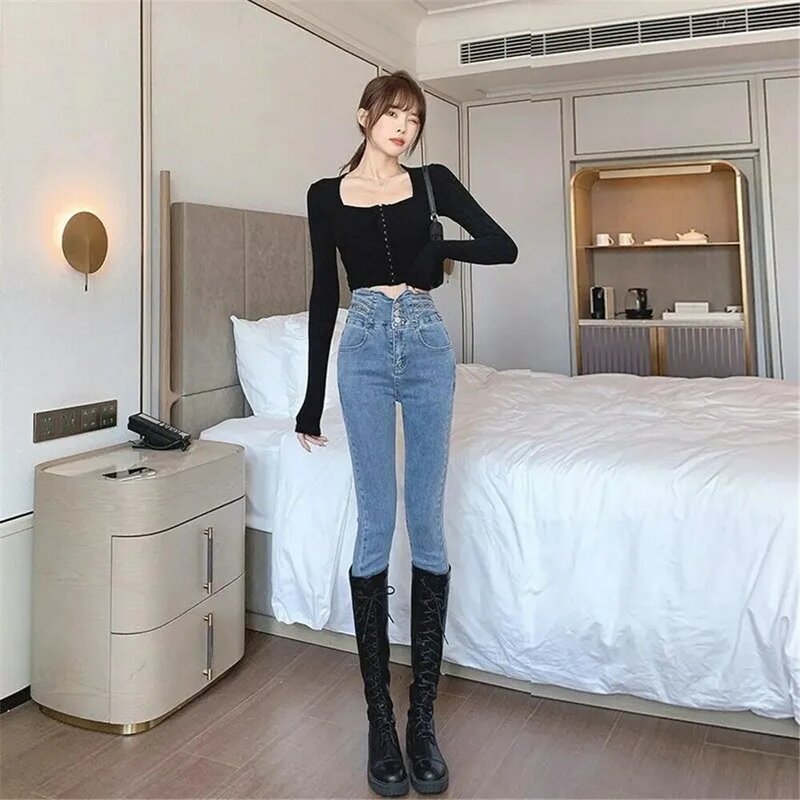 Celana Jeans kurus wanita, celana Denim pensil Mode Korea pinggang tinggi, celana Jeans Vintage ramping 90s Y2k