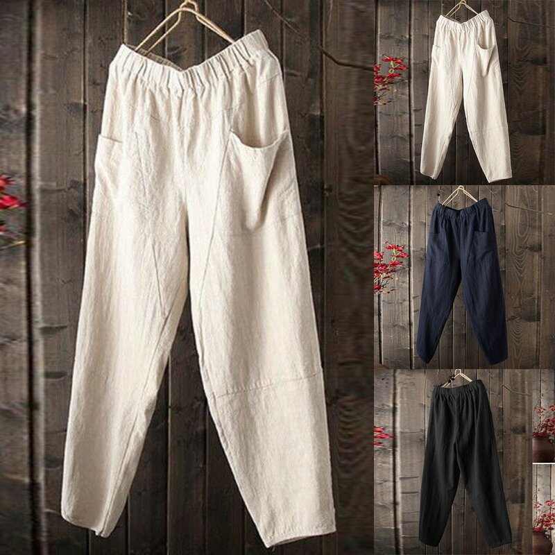 Pantalones de pierna ancha de lino y algodón puro para hombre, pantalones casuales sueltos, simple y a la moda, verano, nuevo