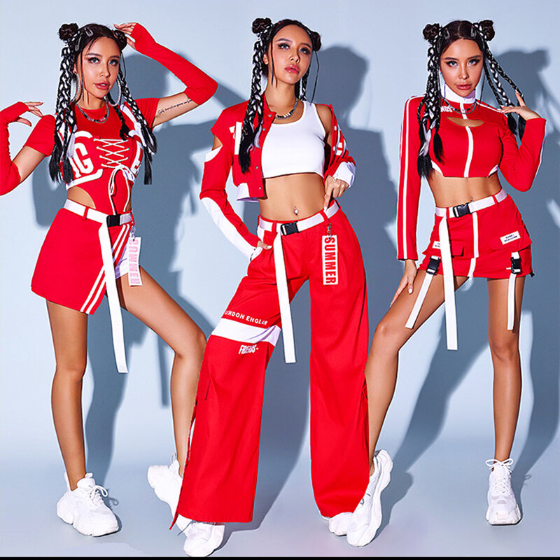 Kostum dansa Jazz merah wanita, klub malam gadis Gogo Dancer pakaian Hip Hop kostum panggung penyanyi Korea set pakaian Dj Ds Rave