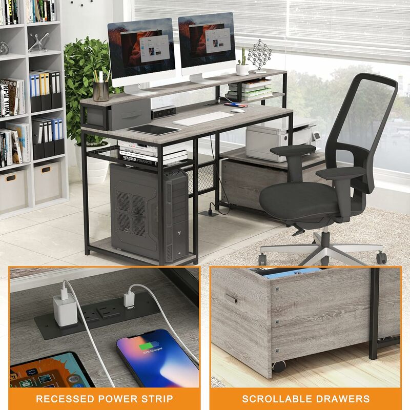 AYEASY 모니터 스탠드 선반이 있는 가정 사무실 책상, 전원 콘센트 및 USB 충전 포트가 있는 66 인치 대형 컴퓨터 책상, 컴퓨터